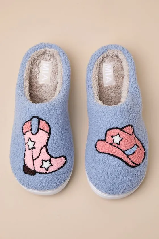 Cozi Blue and Pink Western Shearling Slippers sold by Lulus product image thumbnail 3