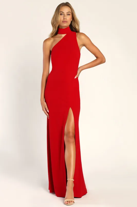 Keep It Interesting Red Asymmetrical Cutout Halter Maxi Dress sold by Lulus