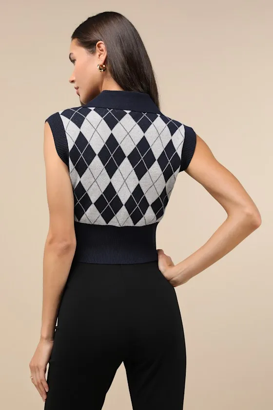Skillful Poise Navy and Grey Argyle Collared Sweater Vest sold by Lulus product image thumbnail 3
