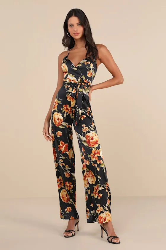 Chic Importance Black Floral Satin Backless Wide-Leg Jumpsuit sold by Lulus
