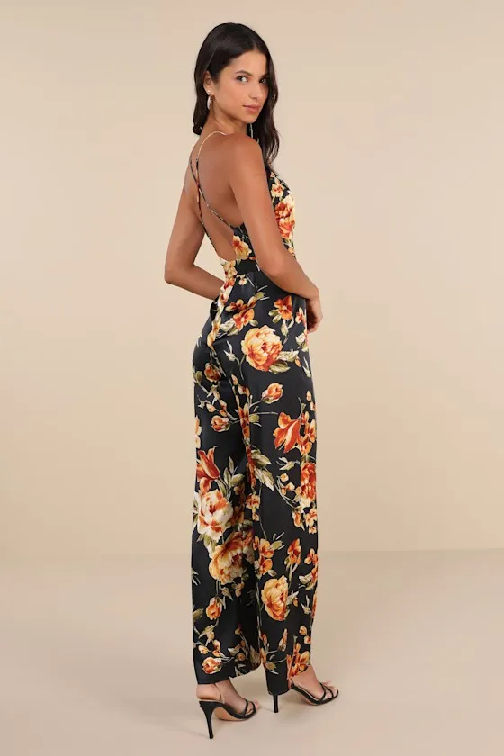 Chic Importance Black Floral Satin Backless Wide-Leg Jumpsuit sold by Lulus product image thumbnail 2