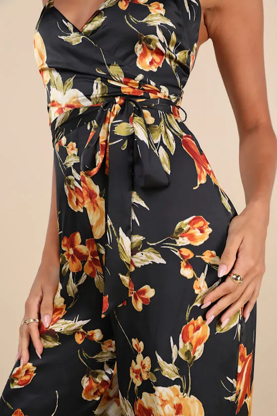 Chic Importance Black Floral Satin Backless Wide-Leg Jumpsuit sold by Lulus product image thumbnail 3