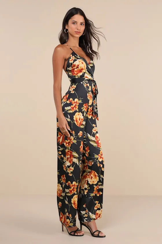 Chic Importance Black Floral Satin Backless Wide-Leg Jumpsuit sold by Lulus product image thumbnail 4