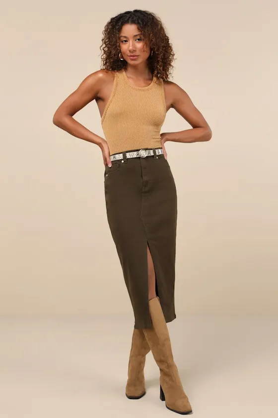Uniquely Trendsetting Olive Green High-Rise Denim Midi Skirt sold by Lulus