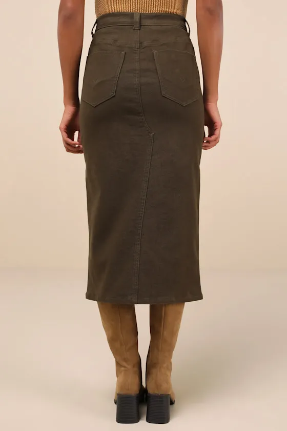 Uniquely Trendsetting Olive Green High-Rise Denim Midi Skirt sold by Lulus product image thumbnail 3