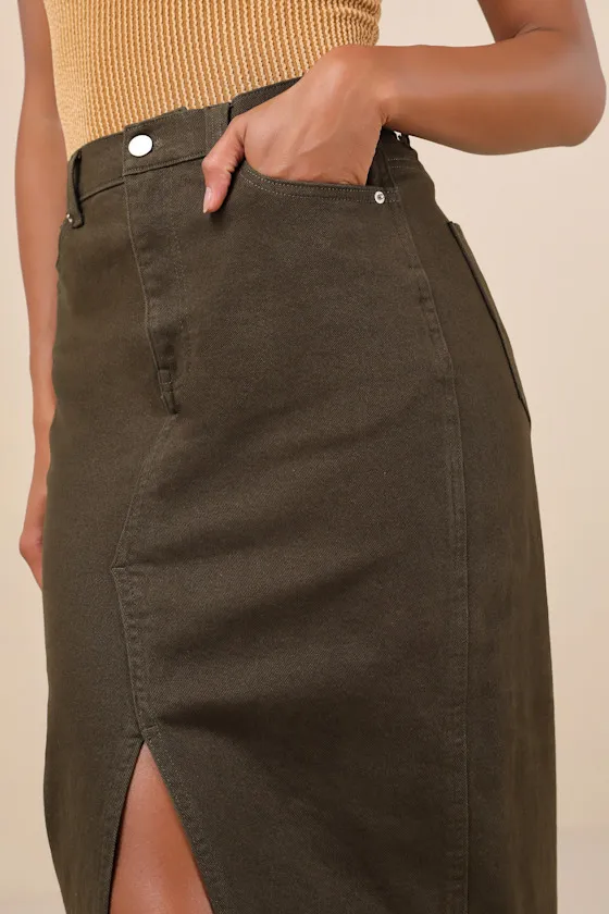 Uniquely Trendsetting Olive Green High-Rise Denim Midi Skirt sold by Lulus product image thumbnail 4