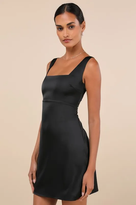 Truly the Cutest Black Satin Square Neck Mini Dress sold by Lulus