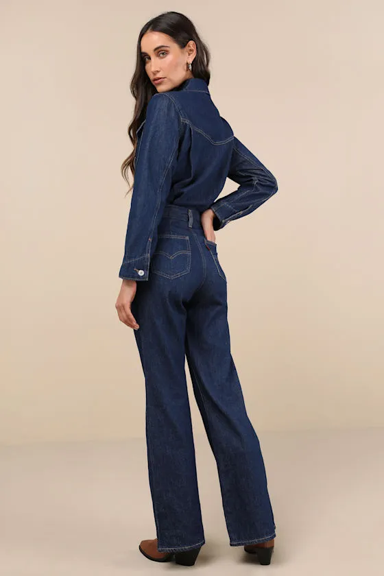 Western Dark Wash Long Sleeve Wide-Leg Denim Jumpsuit sold by Lulus product image thumbnail 3