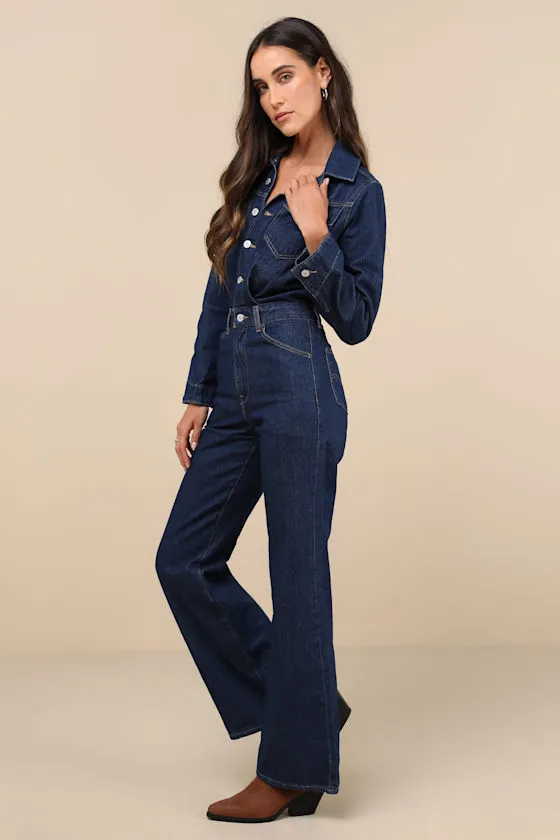 Western Dark Wash Long Sleeve Wide-Leg Denim Jumpsuit sold by Lulus product image thumbnail 4