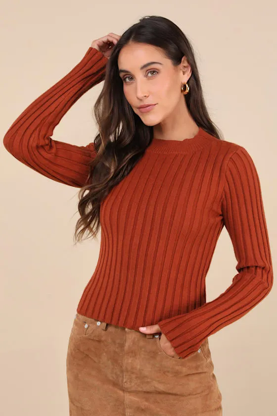 Snuggly Expression Rust Orange Ribbed Mock Neck Sweater Top sold by Lulus