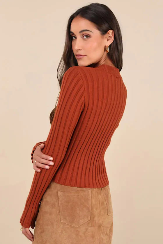 Snuggly Expression Rust Orange Ribbed Mock Neck Sweater Top sold by Lulus product image thumbnail 2