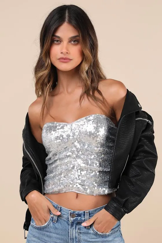 My Favorite Sparkle Silver Sequin Ruched Strapless Crop Top sold by Lulus