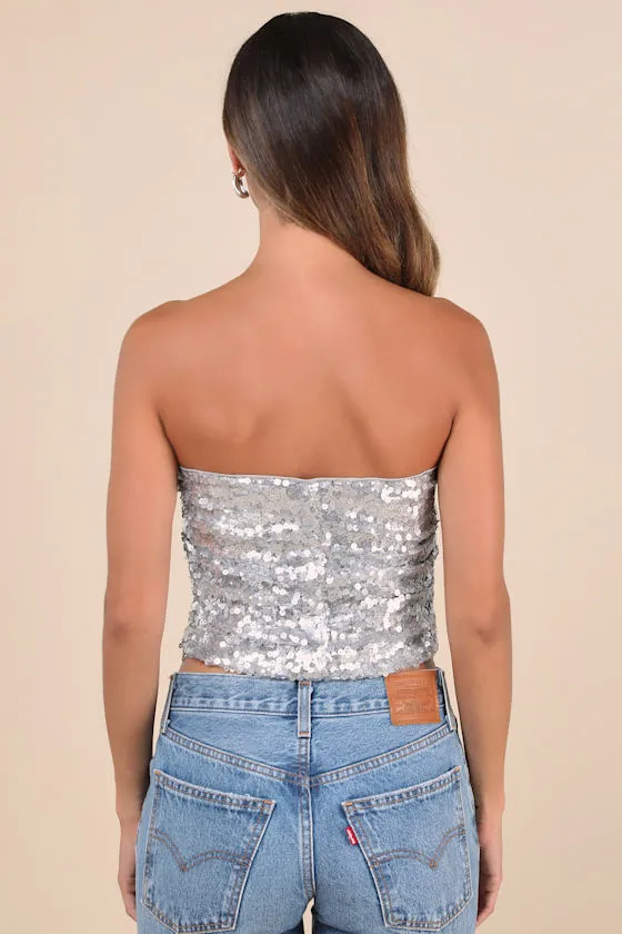 My Favorite Sparkle Silver Sequin Ruched Strapless Crop Top sold by Lulus product image thumbnail 2