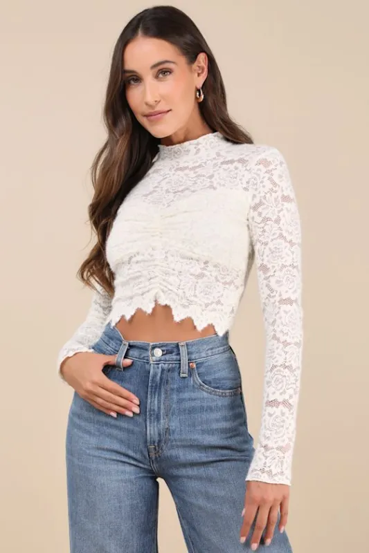 Exquisite Essential Ivory Fuzzy Lace Ruched Long Sleeve Top sold by Lulus
