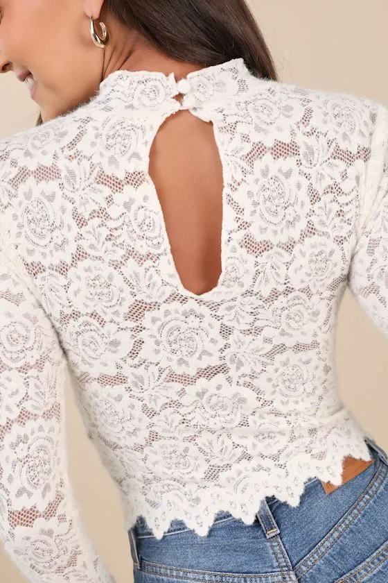 Exquisite Essential Ivory Fuzzy Lace Ruched Long Sleeve Top sold by Lulus product image thumbnail 4