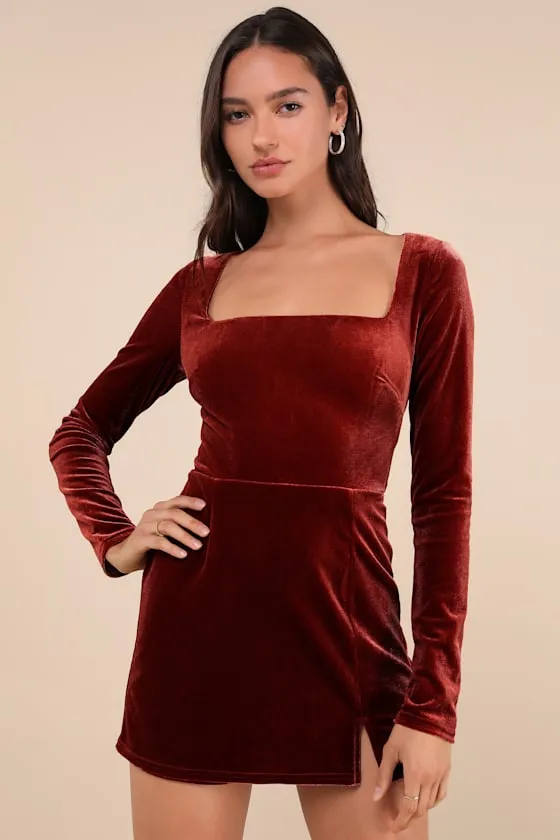 Admirable Aura Rust Velvet Long Sleeve Skort Romper sold by Lulus