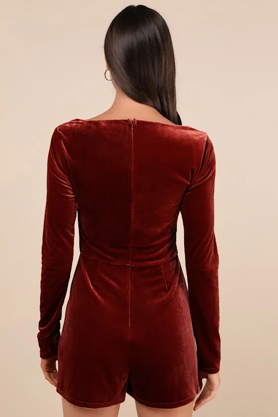Admirable Aura Rust Velvet Long Sleeve Skort Romper sold by Lulus product image thumbnail 2