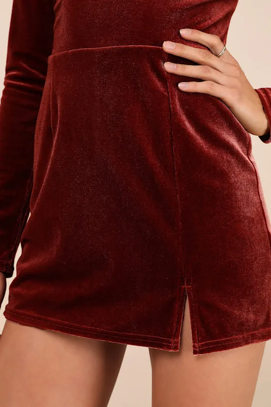 Admirable Aura Rust Velvet Long Sleeve Skort Romper sold by Lulus product image thumbnail 4