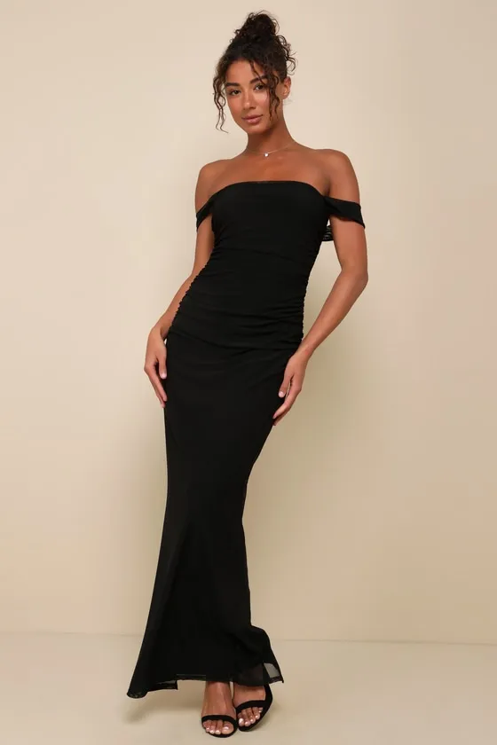 Amazing Presence Black Mesh Ruched Column Maxi Dress sold by Lulus