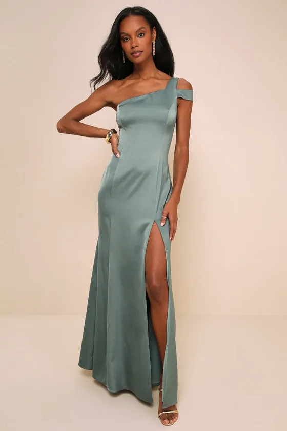 Gliding Beauty Sage Green Satin One-Shoulder Cutout Maxi Dress sold by Lulus