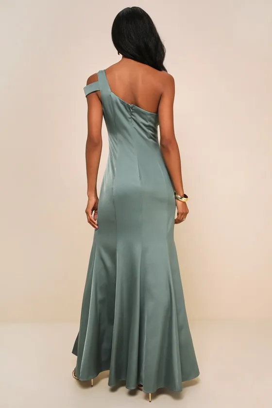 Gliding Beauty Sage Green Satin One-Shoulder Cutout Maxi Dress sold by Lulus product image thumbnail 2