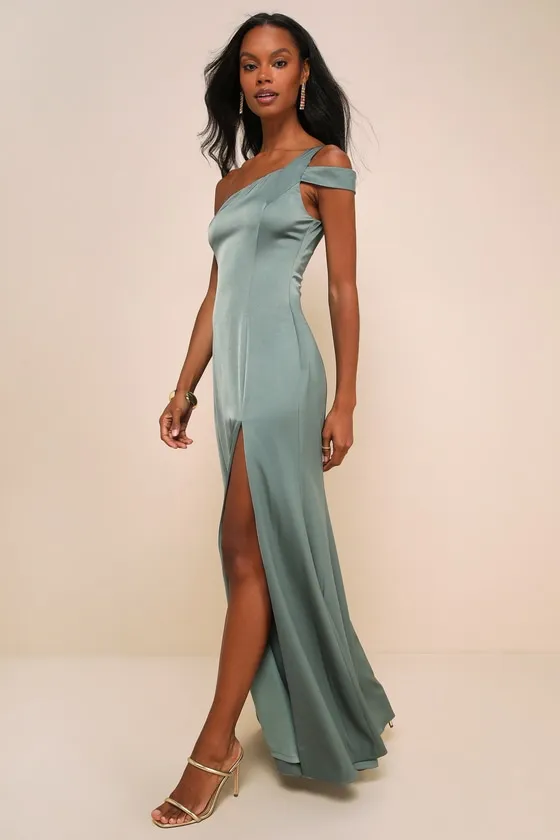 Gliding Beauty Sage Green Satin One-Shoulder Cutout Maxi Dress sold by Lulus product image thumbnail 3