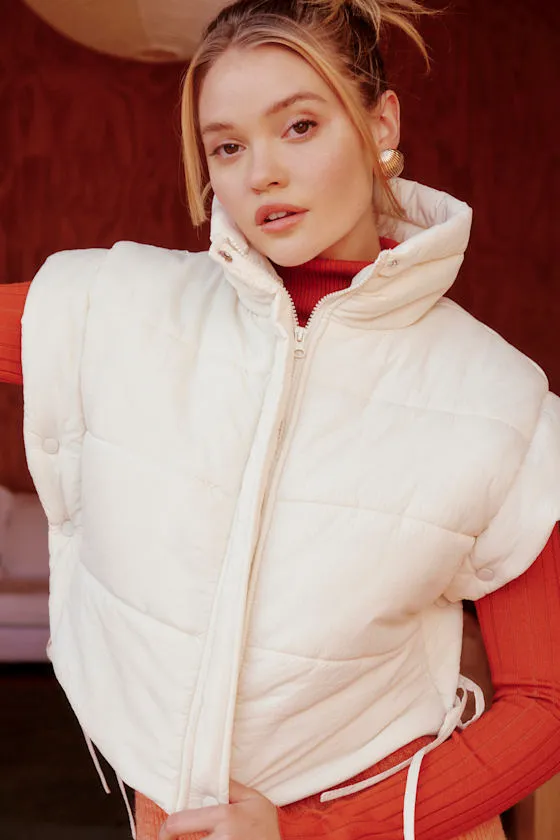 Wintertime Crush Ivory Quilted Cropped Side-Tie Puffer Vest sold by Lulus