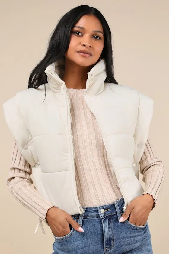 Wintertime Crush Ivory Quilted Cropped Side-Tie Puffer Vest sold by Lulus product image thumbnail 2