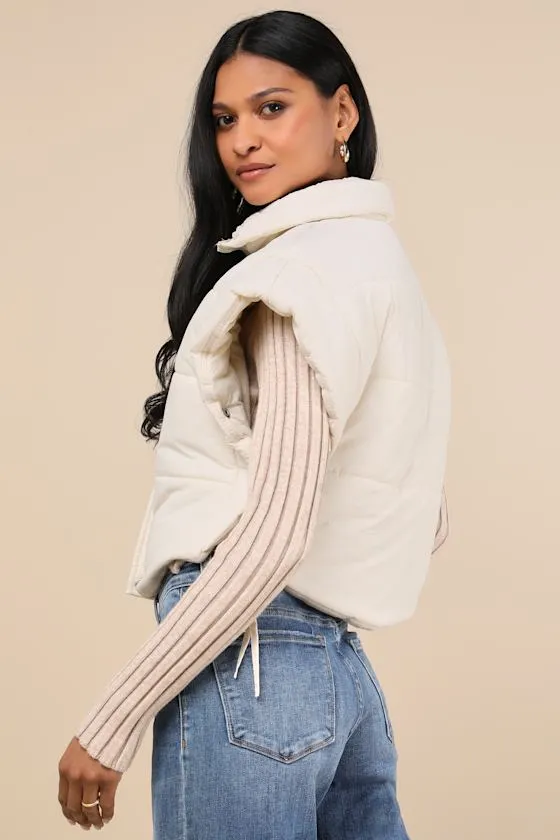 Wintertime Crush Ivory Quilted Cropped Side-Tie Puffer Vest sold by Lulus product image thumbnail 4