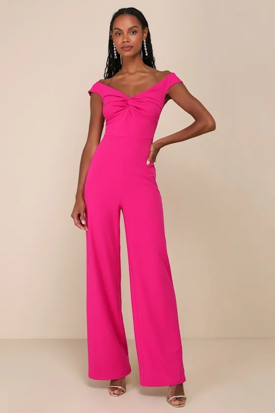 Stunning Existence Magenta Off-the-Shoulder Knot-Front Jumpsuit sold by Lulus