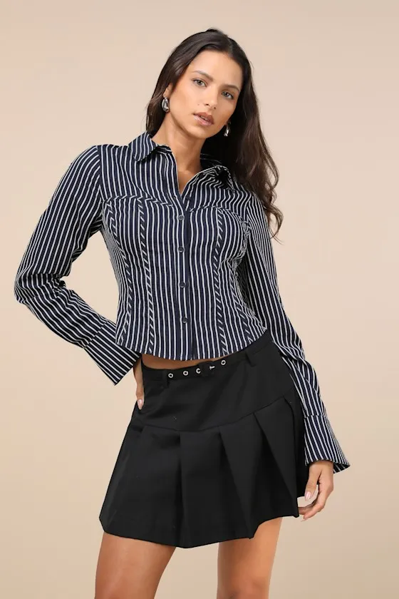 Stylish Choice Navy and White Striped Bustier Button-Up Top sold by Lulus