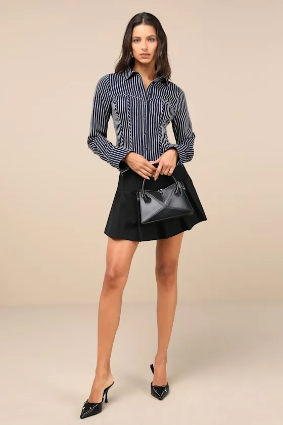 Stylish Choice Navy and White Striped Bustier Button-Up Top sold by Lulus product image thumbnail 3