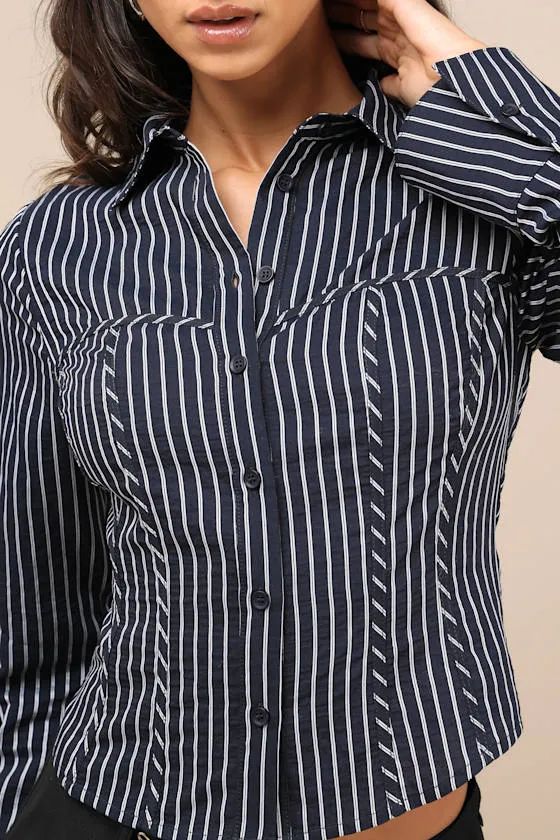 Stylish Choice Navy and White Striped Bustier Button-Up Top sold by Lulus product image thumbnail 4