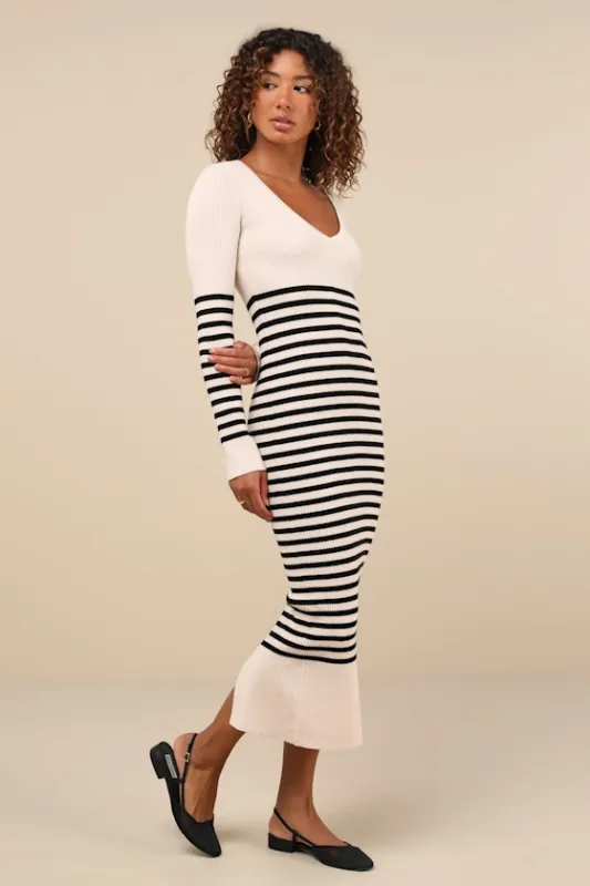 Upgraded Comfort Cream and Black Striped Midi Sweater Dress sold by Lulus