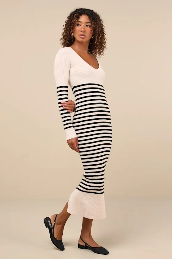 Upgraded Comfort Cream and Black Striped Midi Sweater Dress sold by Lulus