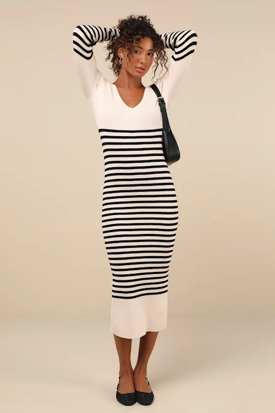 Upgraded Comfort Cream and Black Striped Midi Sweater Dress sold by Lulus product image thumbnail 3