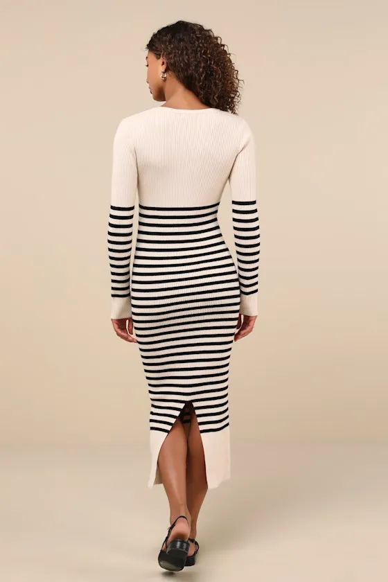 Upgraded Comfort Cream and Black Striped Midi Sweater Dress sold by Lulus product image thumbnail 4