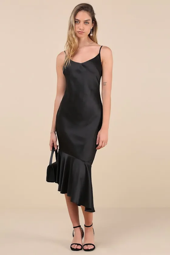 Strictly Romance Black Satin Asymmetrical Tiered Midi Dress sold by Lulus