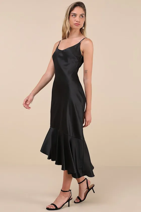 Strictly Romance Black Satin Asymmetrical Tiered Midi Dress sold by Lulus product image thumbnail 2