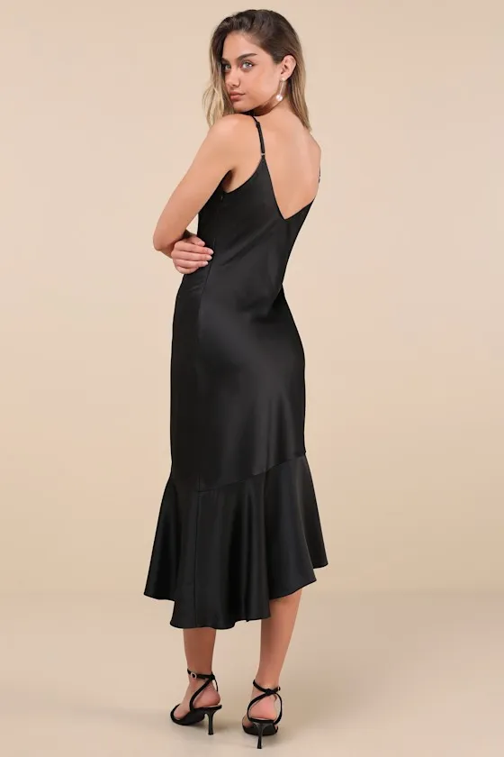 Strictly Romance Black Satin Asymmetrical Tiered Midi Dress sold by Lulus product image thumbnail 3
