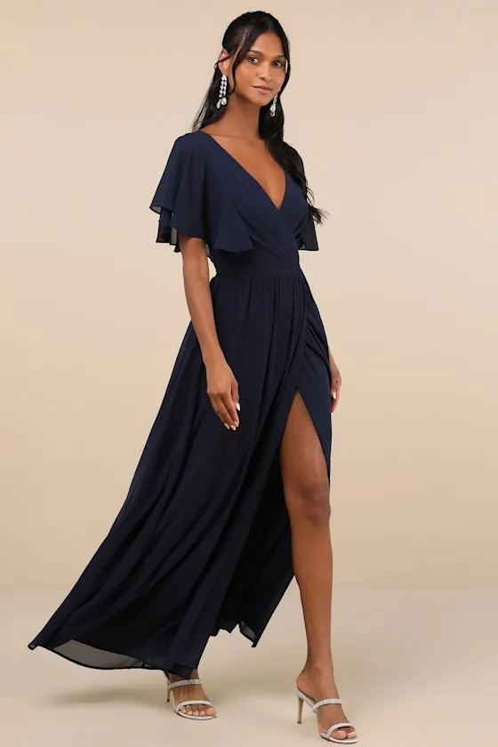 Convincing Grace Navy Blue Flutter Sleeve Wrap Maxi Dress sold by Lulus