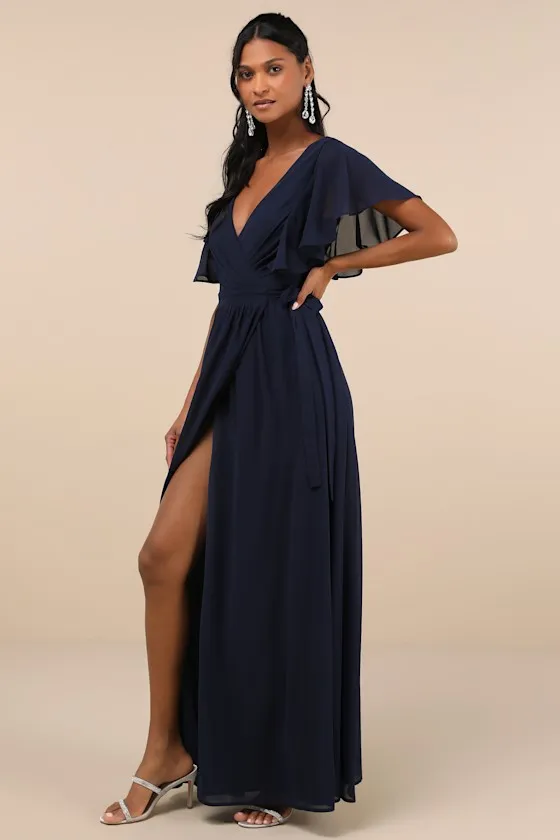 Convincing Grace Navy Blue Flutter Sleeve Wrap Maxi Dress sold by Lulus product image thumbnail 3