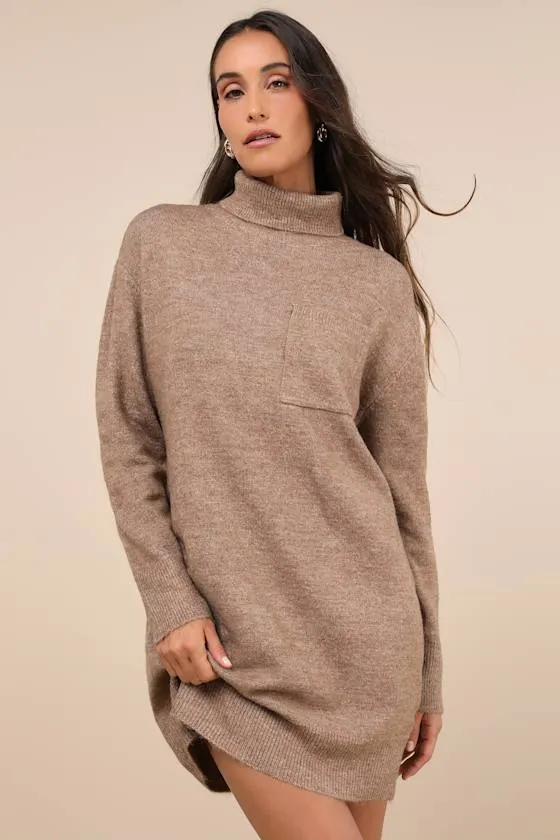 Positively Charming Heather Brown Turtleneck Mini Sweater Dress sold by Lulus