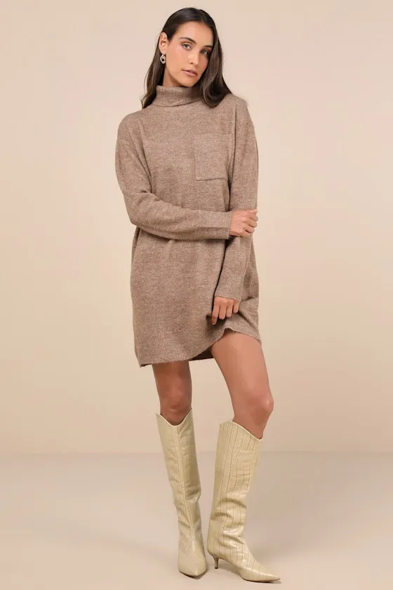 Positively Charming Heather Brown Turtleneck Mini Sweater Dress sold by Lulus product image thumbnail 3