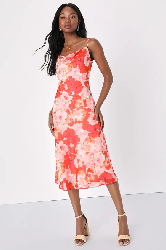 Fabulous Destiny Pink Floral Swiss Dot Cowl Neck Midi Dress sold by Lulus