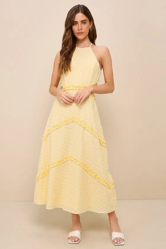 Perfectly Serene Light Yellow Eyelet Ruffled Tie-Back Midi Dress sold by Lulus
