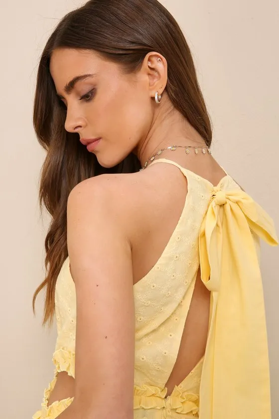 Perfectly Serene Light Yellow Eyelet Ruffled Tie-Back Midi Dress sold by Lulus product image thumbnail 2