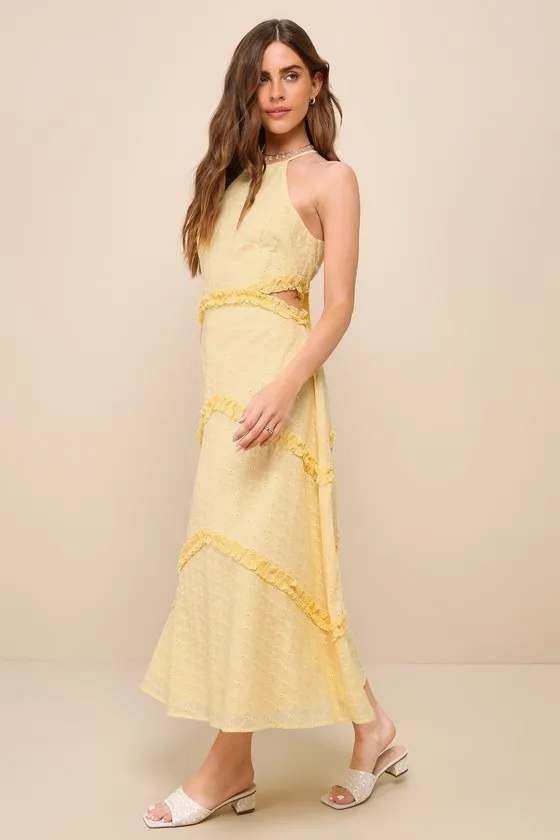 Perfectly Serene Light Yellow Eyelet Ruffled Tie-Back Midi Dress sold by Lulus product image thumbnail 3
