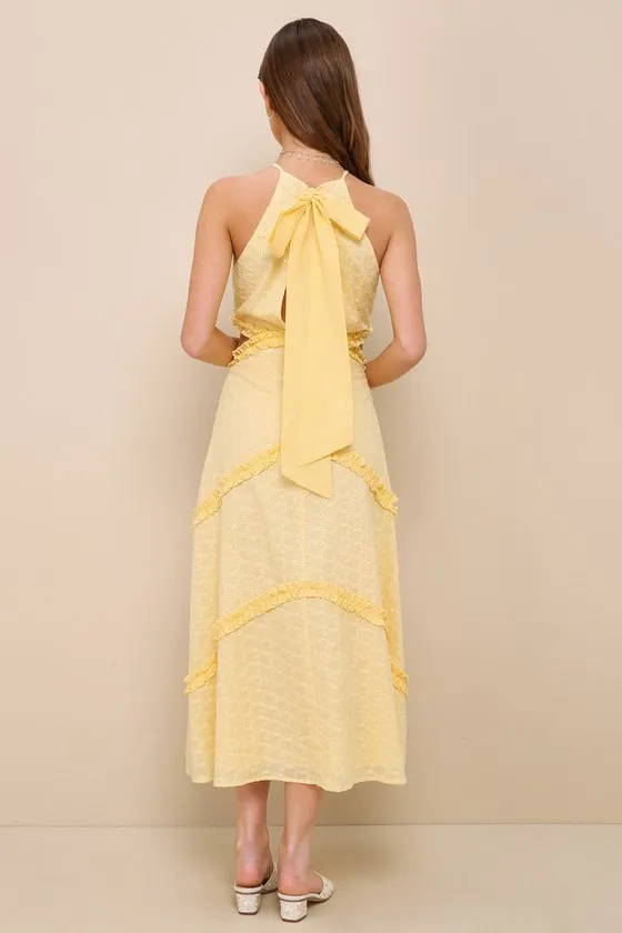 Perfectly Serene Light Yellow Eyelet Ruffled Tie-Back Midi Dress sold by Lulus product image thumbnail 4