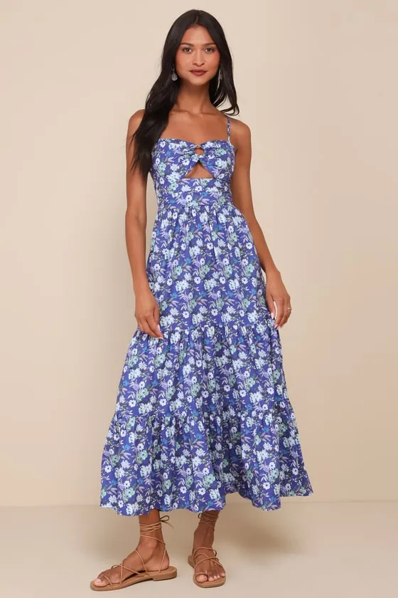 Summer Design Blue Floral Cutout O-Ring Tiered Maxi Dress sold by Lulus